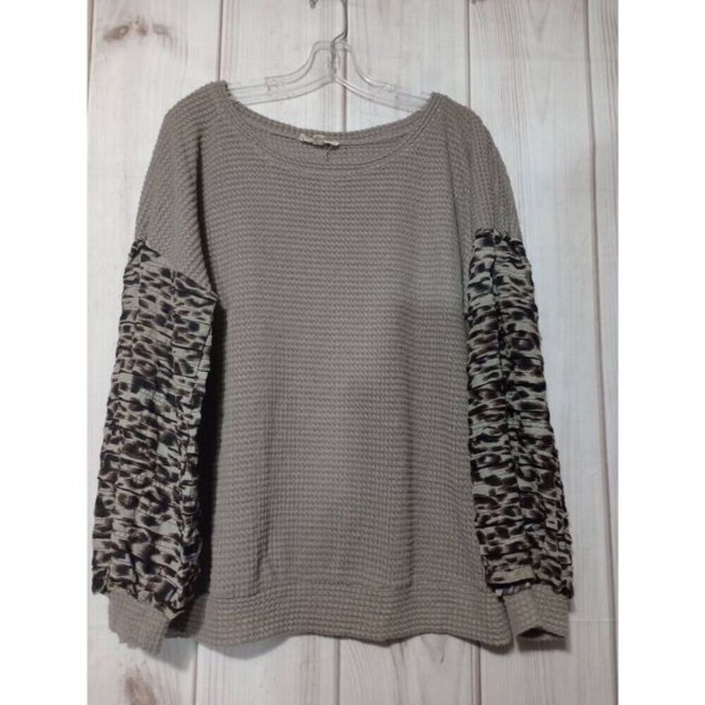 Entro Womens Waffle Knit Top Leopard Ruffle Contrast Sleeve Taupe Grey Large L